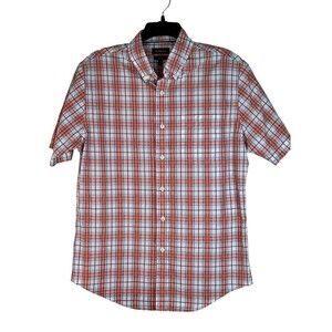 Mens Croft & Barrow Short Sleeve Button Up Size S Easy Care Orange Navy Plaid